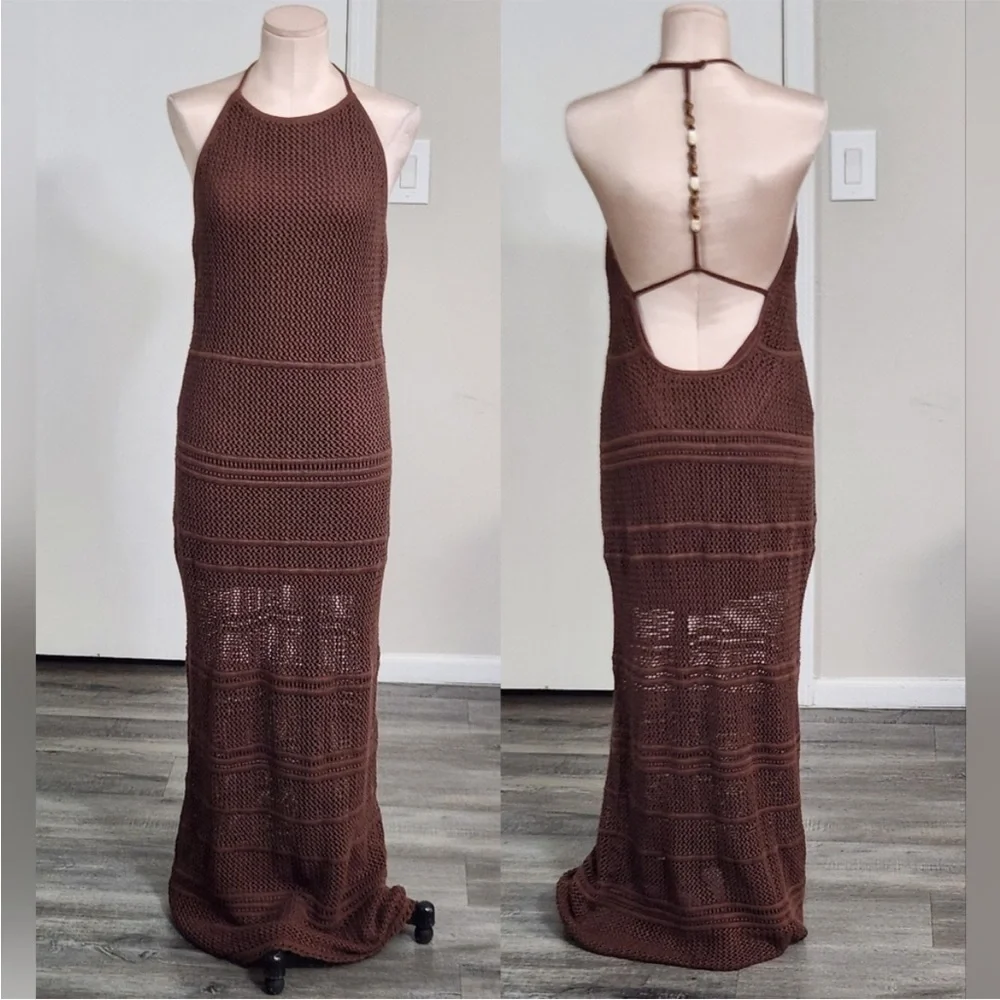 Abercrombie and Fitch brown beaded crochet maxi dress seashell beach NWT boho